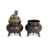 An 18th century Chinese bronze censor and lid and a further similar censor without lid H 15cm