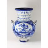 A large Dutch Delft hand painted pottery vase (A/F to foot) H 45cm