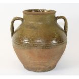 An early Chinese olive green glazed 2 handle pottery jar, H 22cm