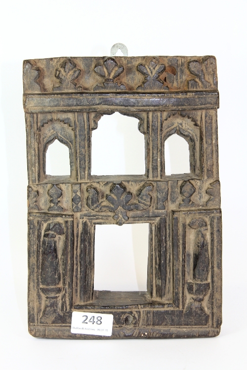 18thC carved hardwood panel in the form of the entrance to Petra, Grand Tour Souvenir (H:27cm)