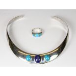 A 925 silver, lapis and turquoise collar and a silver lapis and turquoise ring