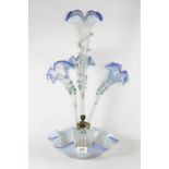 A 19th century iridescent blue glass 4 branch epergne, H 52cm