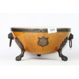 A ball and claw footed oak and silver plate fruit bowl with ceramic liner, Dia 27cm