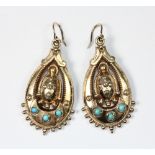 A pair of yellow metal (tested 9ct gold) drop earrings set with turquoise, L 5cm (approx.)