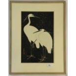 Ide Gakusui (1899 - 1992) a framed and pencil signed woodblock print of cranes, 39.5cm x 52cm