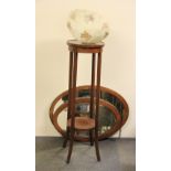 A mahogany plant stand, 2 oval mahogany mirrors and a glass centre light