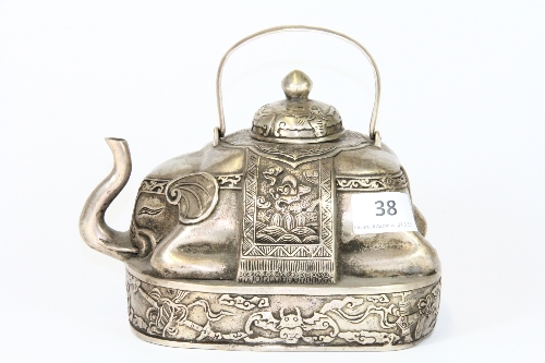 An unusual Chinese silvered bronze elephant teapot, H 17cm