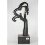 A painted cold cast sculpture after Salvador Dali on a wooden base, H 51cm