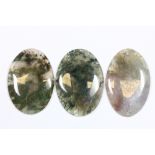 Three lovely oval polished moss agate pendants. L. 5cm