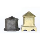 Two early tobacco boxes, one 17th century lead (10cm) one 18thC brass (13cm).