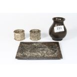 A small Chinese bronze vase and four other oriental metal items