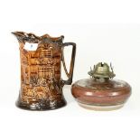 A musical ceramic jug and a studio pottery oil lamp base