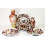 4 19th century Japanese Imari plates (Dia 31cm) with an Imari vase and a Satsuma vase