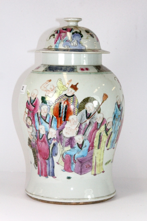 A Chinese hand painted porcelain jar and lid, probably mid 20thC H 41cm