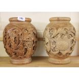 2 Indonesian carved hardwood vases, H 25cm