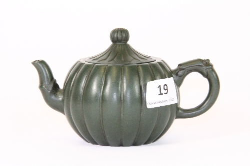 An unusual Chinese green Yi Xing terracotta teapot, H 9.5cm