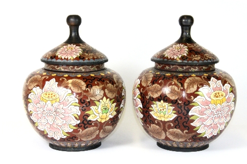 A pair of Chinese cloisonné on copper jars and lids, H 25cm