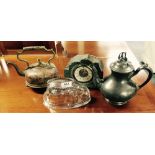A Victorian glass rabbit jelly mould, slate clock, copper and brass Arts & Crafts kettle and a