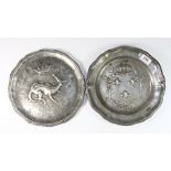 2 x 19th century continental pewter plates, Dia 28cm