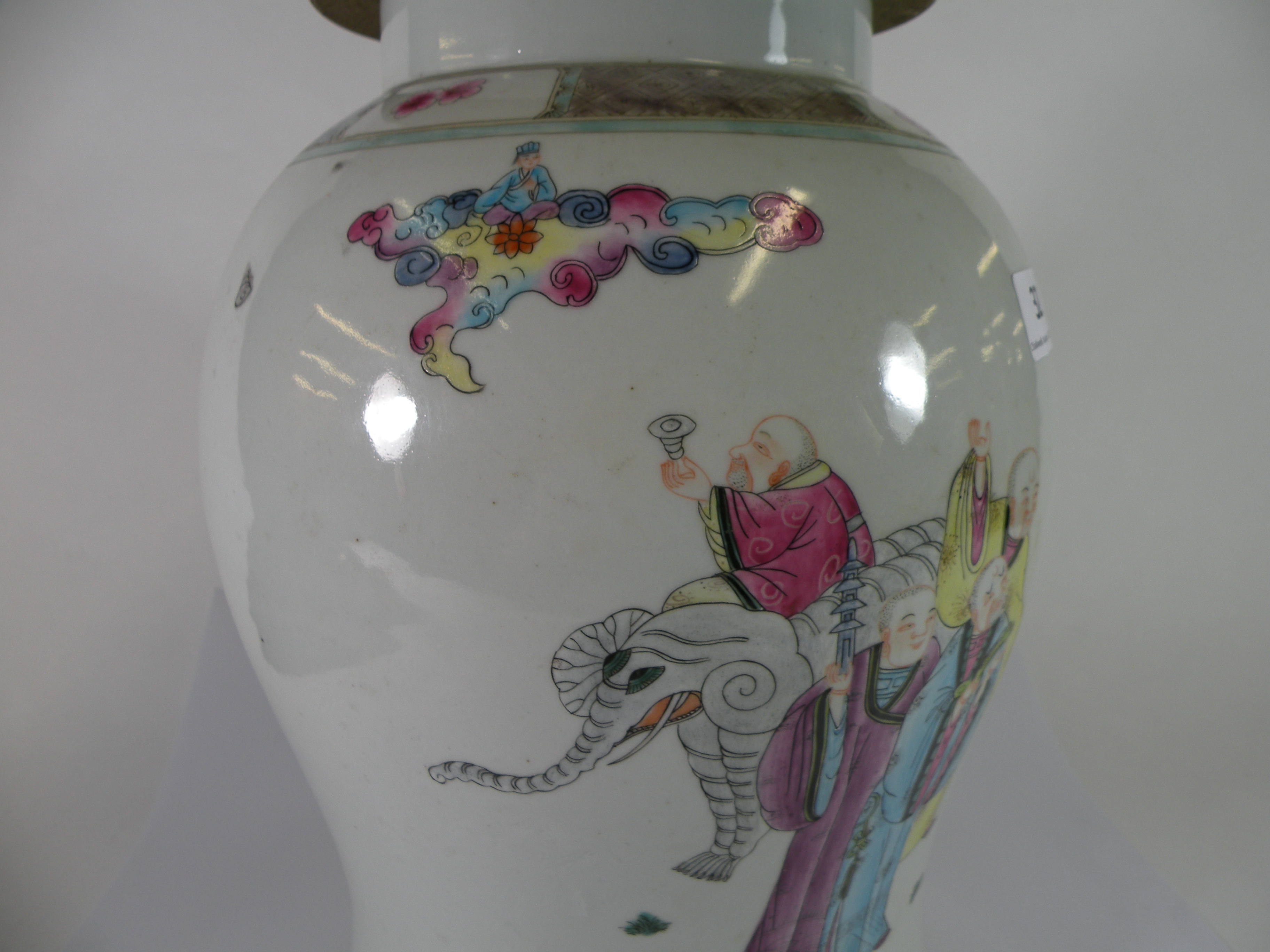 A Chinese hand painted porcelain jar and lid, probably mid 20thC H 41cm - Image 6 of 7