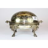 A heavy hallmarked silver and glass lined caviar dish on bull head and hoof legs, Sheffield circa