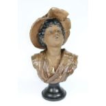 A painted Goldscheider style chalk bust of the whistling boy, H 46cm