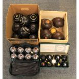 Qty of wooden bowling balls, a set of carpet bowls and set of French boules
