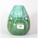 An unusual Teco (Illinois) pottery green glazed vase c.1908 with 2 open handles (H:17cm)