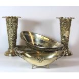 Pair of large hallmarked silver vases (H. 19cms) with a pair of .800 silver baskets (W.26cms) and