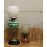 A Victorian brass and glass column oil lamp (64cm) a further oil lamp and 2 chimneys