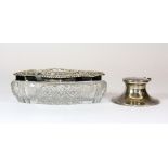 A hallmarked silver topped cut glass dressing table box and a small hallmarked silver capstan