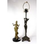 An Art Nouveau painted spelter lady figure and an Art deco style lady lamp