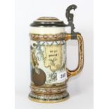 A rare Mettlach stein dated 1932 marked Geshutzt, painted and signed by C.Worth (22cm)