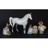 A Beswick horse figure and 3 Beatrix Potter figures