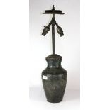 An early 20thC Ruskin style glazed terracotta lamp (60cm)