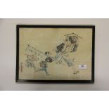 A 1920s Chinese watercolour of a man running with 2 boys carrying a flag, 38cm x 28cm.