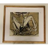 Robert E. Marx (American) abstract linocut, c. 1954, titled 'Icarus fallen'. 82 x 72 cm.