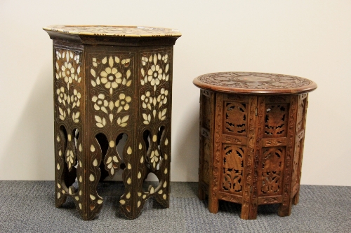 Islamic Interest. A mother of pearl and camel bone inlaid octagonal table together with a carved