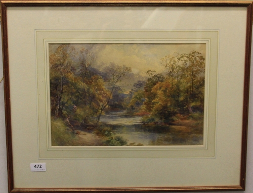 James Stephen Gresley, (British 1829 - 1908) watercolour of a fisherman beside a stream, 60cm x 48cm