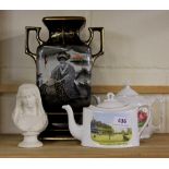 Two Victorian teapots, an oriental designed vase and a bisque bust.