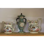 Two 19th century Ashworth Bros. Jugs and a 19th century hand painted vase and lid.