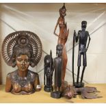 An Indonesian teak bust (H. 38cm) and 5 other wooden items.