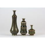 Three miniature Höganäs porcelain vases by John Andersson, H. 7.5cm, 5cm, 3.2cm.