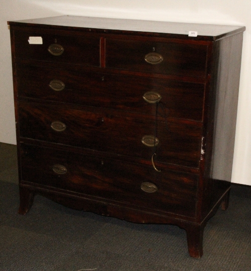 A 19th century mahogany 5 drawer chest, W 108cm x 52cm x 106cm. Back legs need replacing.