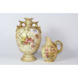 Two fine Royal Worcester hand painted blush ivory porcelain items, 21cm (vase) 12cm (jug).