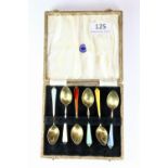 A cased set of 6 hallmarked silver and enamelled coffee spoons.