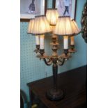 A six branch table lamp of neo classical design, wired for electricity, with shade, 64cm high
