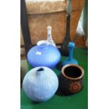 A 1960's blue overlaid glass vase of pressed oval form, 25cm high, a Thai pottery vase and three