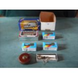 A Corgi BBC Ford Escort van, three Matchbox BBC vans, a Corgi London Transport bus, all boxed,