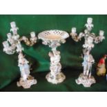 A pair of late 19th century Meissen-style four branch figural candelabra, modelled as a shepherd
